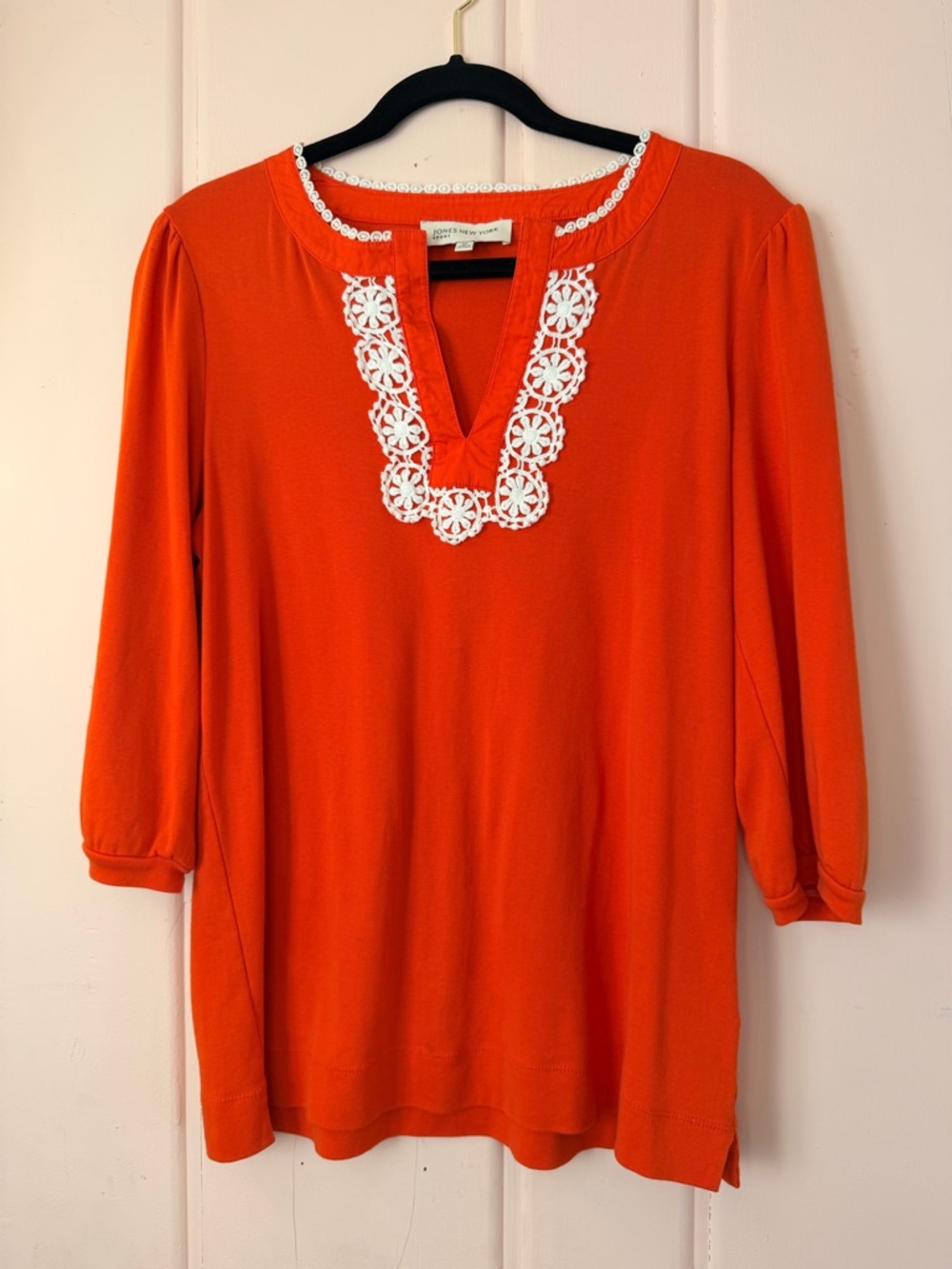 Jones New York Orange Tunic with White Crochet Trim sz Medium